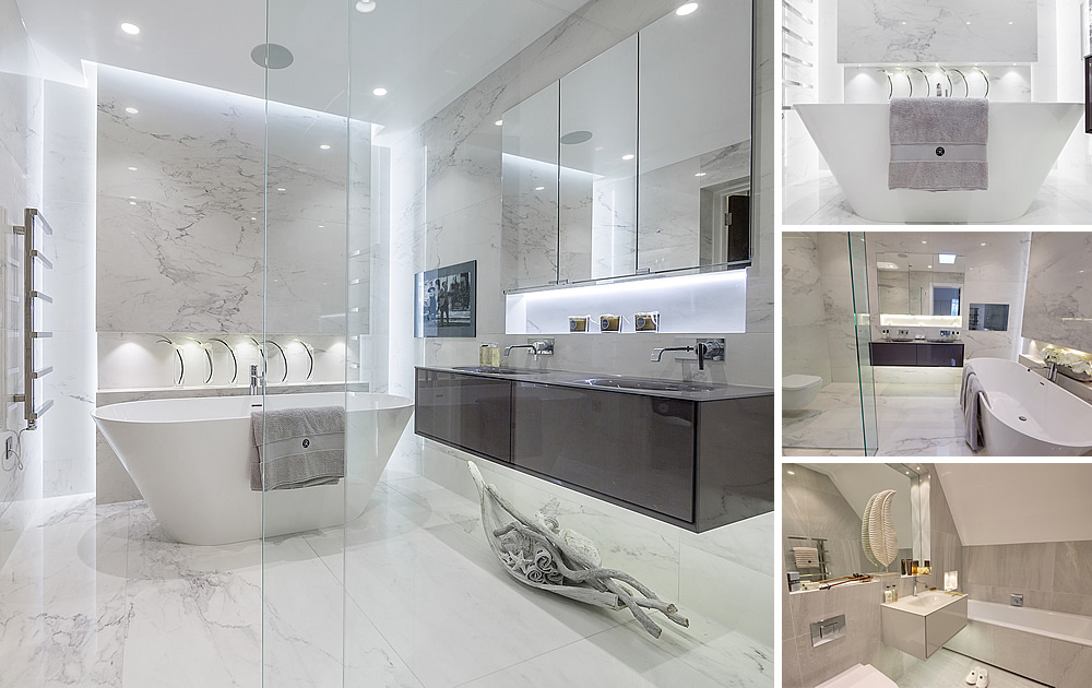 Luxury Bathrooms in Hadley Wood - 3 luxury en-suite bathrooms featuring walkin shower free standing bath, disigner vanity units, stone & porcelain tiles, plus